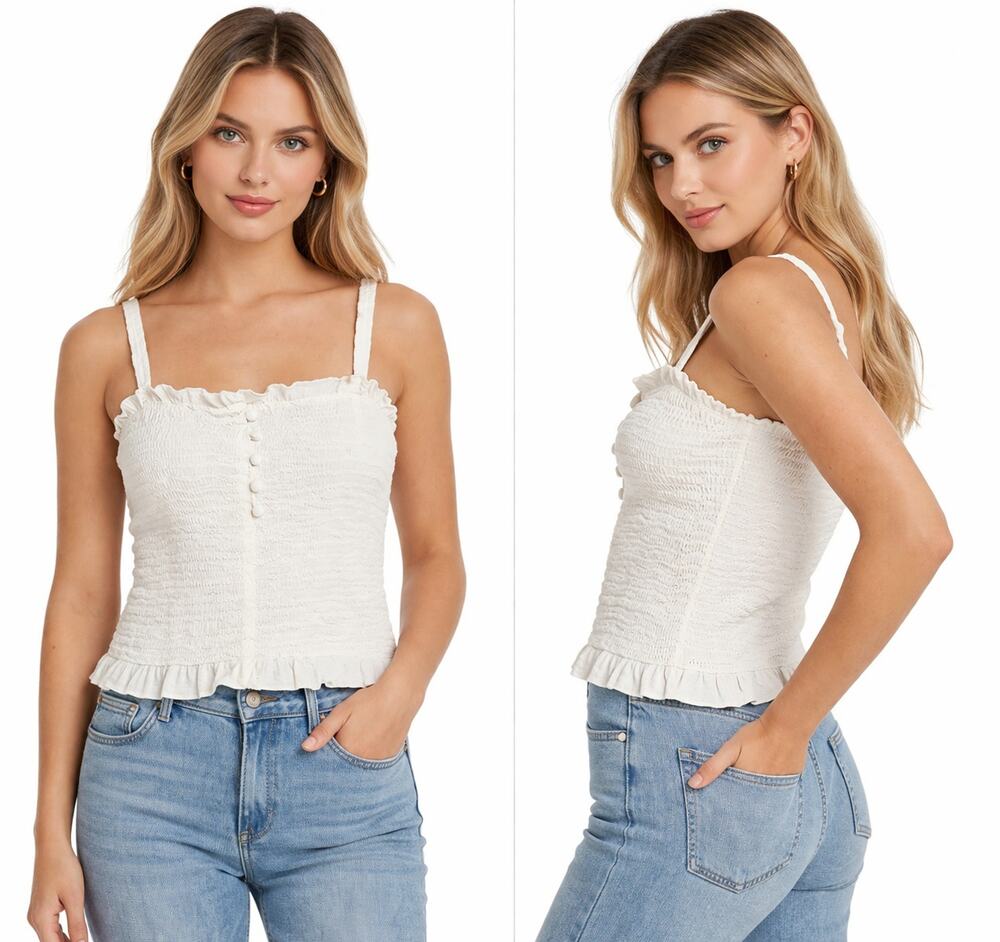 Madewell Smocked Button Front Ruffle Hem Cami Tank Top Cream Womens Small